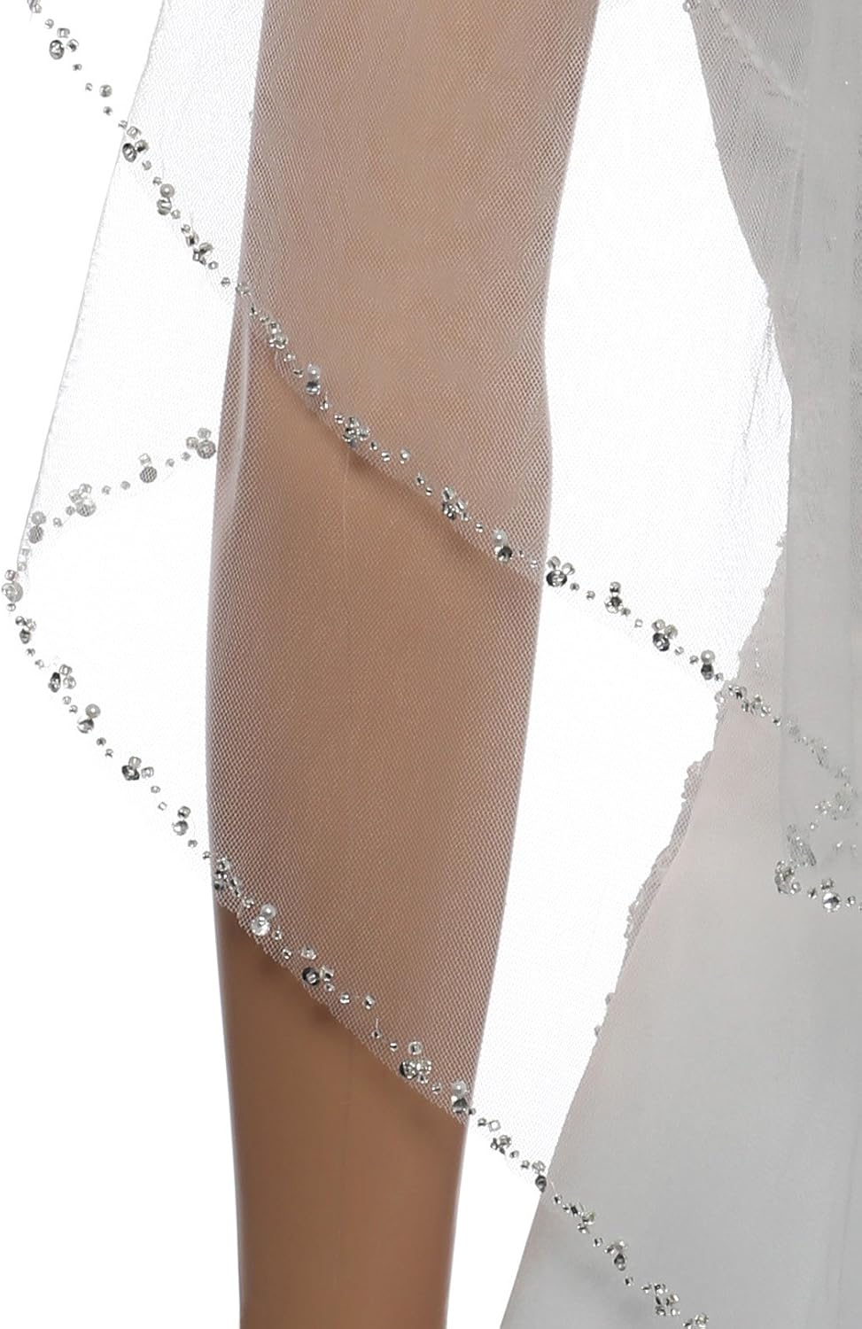 SAMKY 2T 2 Tier Silver Pearl Crystal Beaded Edge Bridal Veil - Image 4