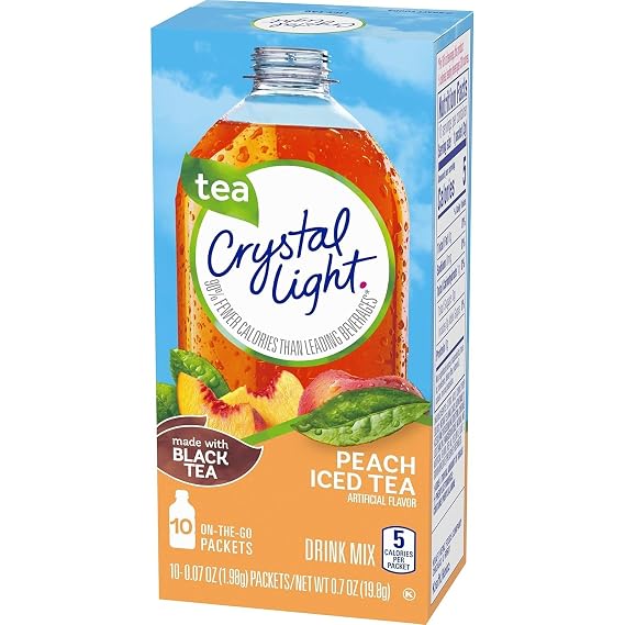 Crystal Light On-The-Go Drink Mix Packets, Zero Sugar Powdered Water Enhancer, Artificially Flavored Low Calorie Beverage Mix, Made with Black Tea, Peach Iced Tea, 0.07 Ounce Packets, 10 Count (Pack of 2)