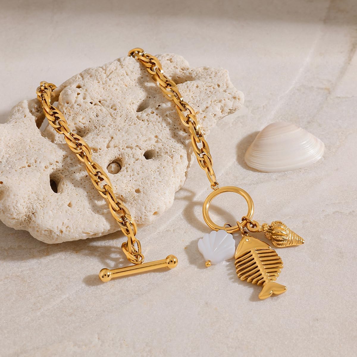 Charm Bracelet with Sea Life Pendants, 14K Gold Plated Chain, Toggle Clasp, Boho Gold Chain Bracelet Cuban Jewelry for Women Gift - Image 5
