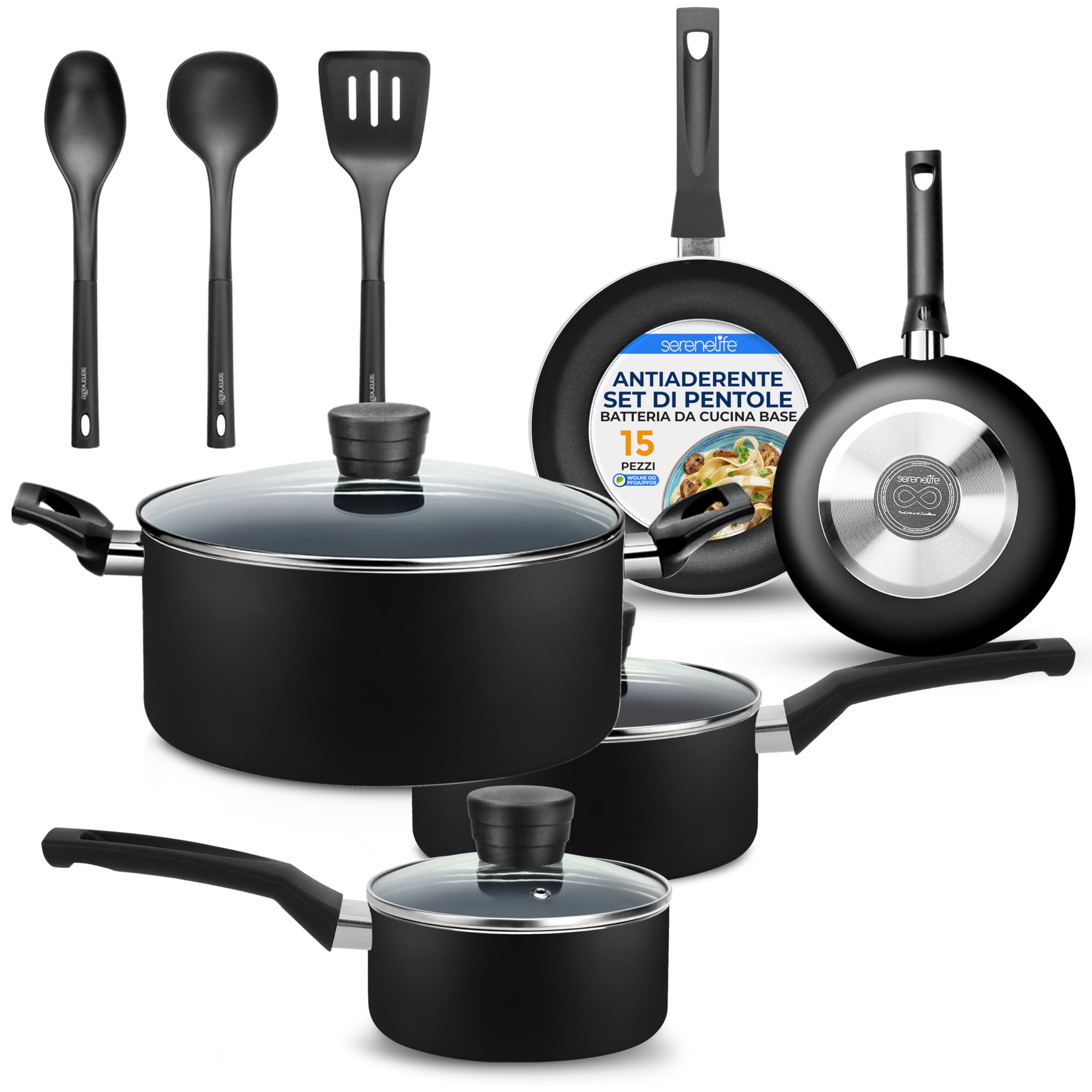 SereneLife Pentole e Padelle Set Cucina 15 Pezzi, Rivestimento Antiaderente Senza PFOA/PFOS, Smalto Resistente al Calore, Manici in Bachelite, Nero