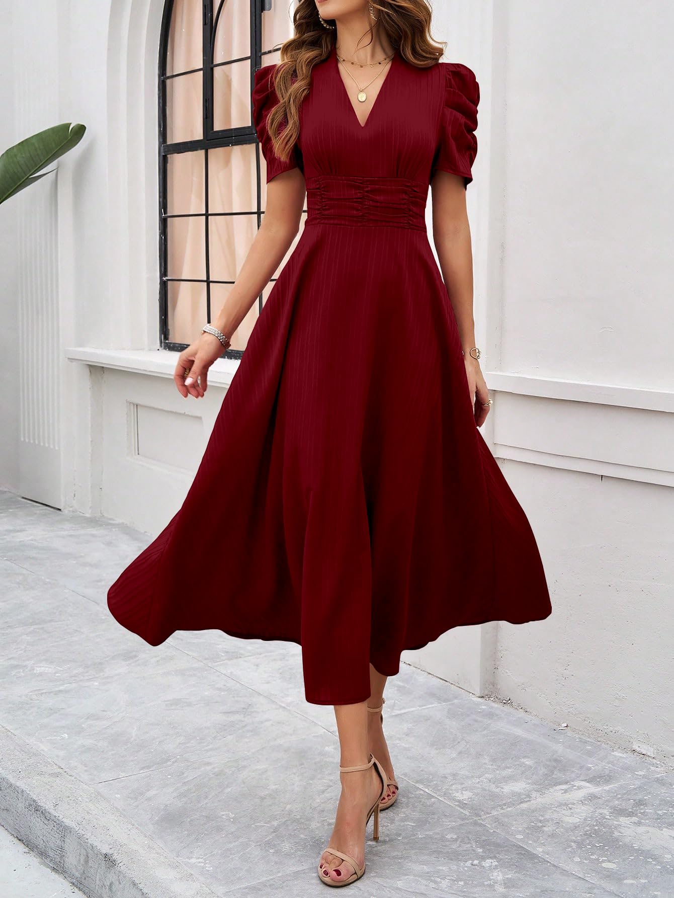 Shasmi Robe longue trapèze unie à col en V pour femme - Robe de soirée - Robe de fête du Nouvel An - Manches bouffantes - Taille ajustée - Style occidental élégant et décontracté (robe