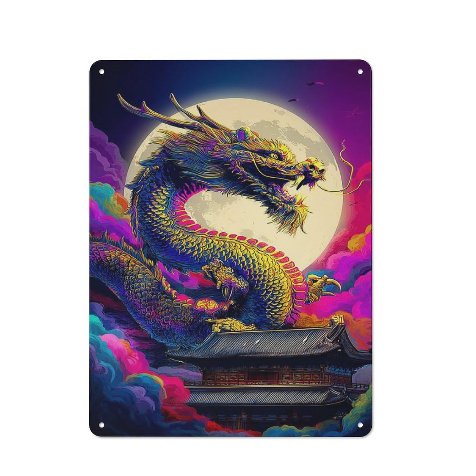 Junmoney Dragon Moonlit Sky Metal Wall Sign 40X30cm Featuring For Bar Or Restaurant, For Vintage Wall Decor Fans, For Themed Room Decoration