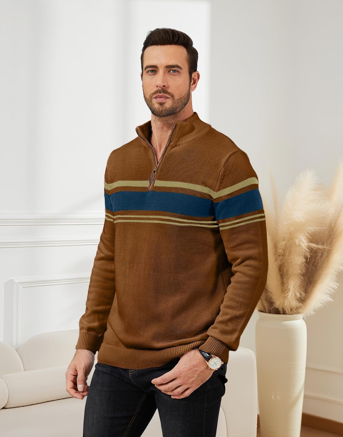 Mens Sweater Quarter Zip Sweater Casual Striped Long Sleeve Fall Winter Warm Polo Pullovers - Image 2
