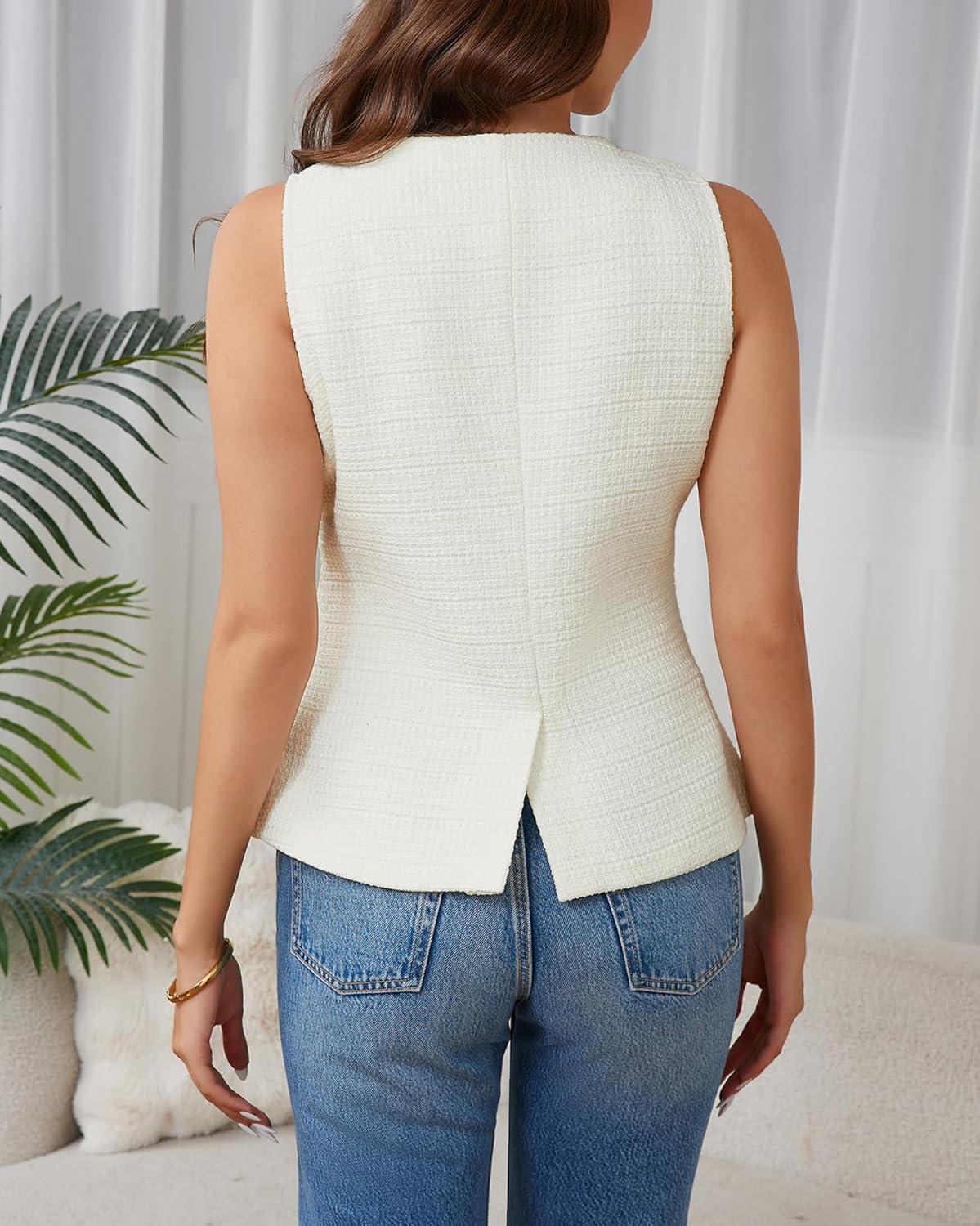 Women's Tweed Blazer Vest Sleeveless Button Front Casual Blazer Jackets Work Office Vest - Image 5