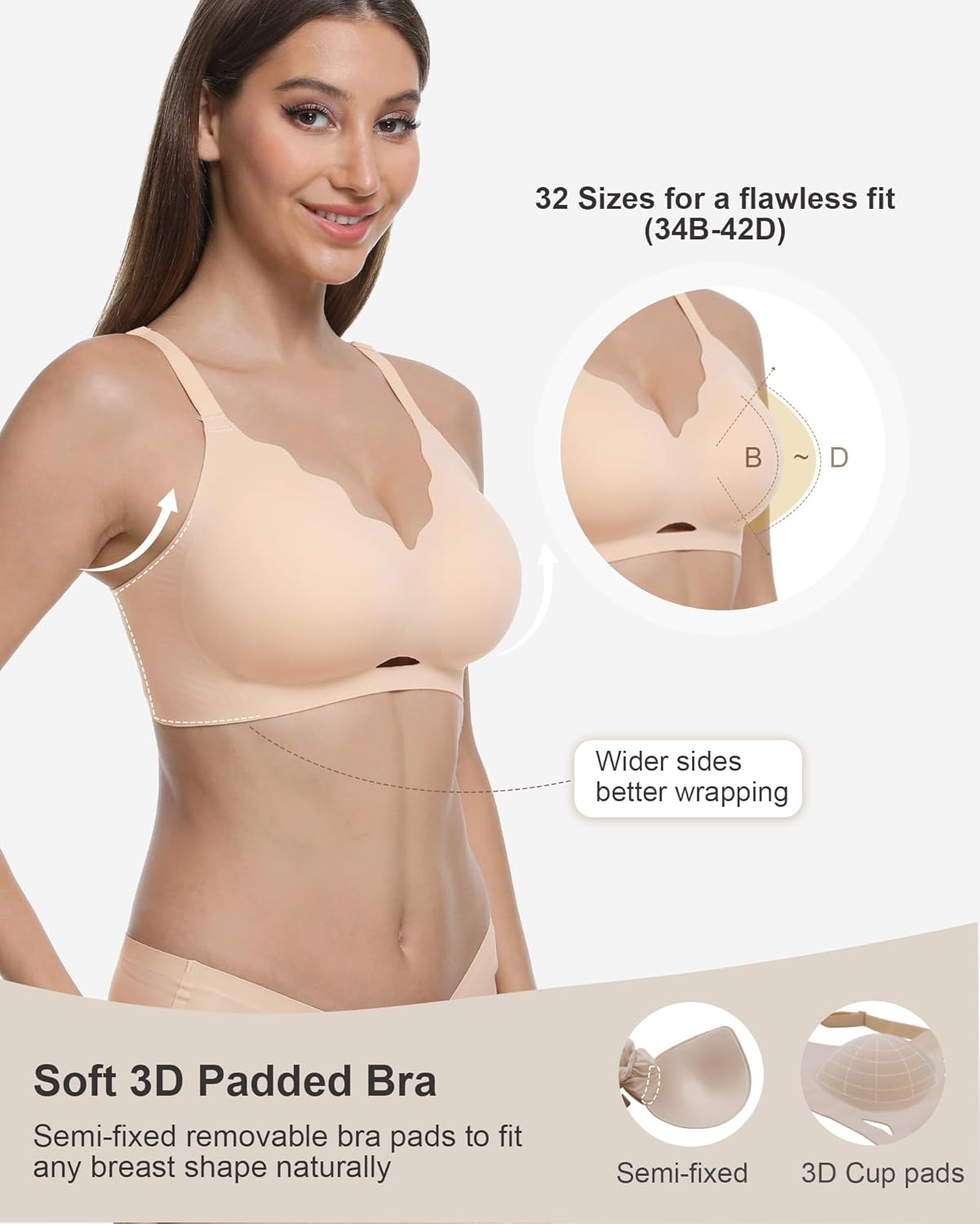 Vinfact Scalloped Womens Wireless No Underwire Bras Push Up Supportive Tshirt Seamless Comfortable Full Coverage Bralettes - Image 3