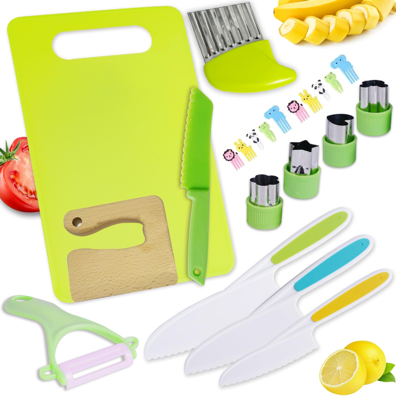 – LANMANUO 13 Pieces Kids Knife for Chopping Wooden Kitchen Knife Set for Toddler Plastic Children Cooking Knives with Potato Slicer, Cutting Board, Peeler