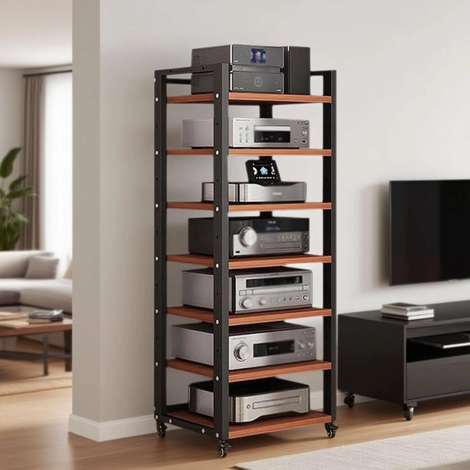 Dernoing 7 Tier Audio Rack Tower, CD Record Player Stereo Receiver AV Equipment Cabinet Display Rack, Weight Capacity 661 lbs, with Adjustable Wooden