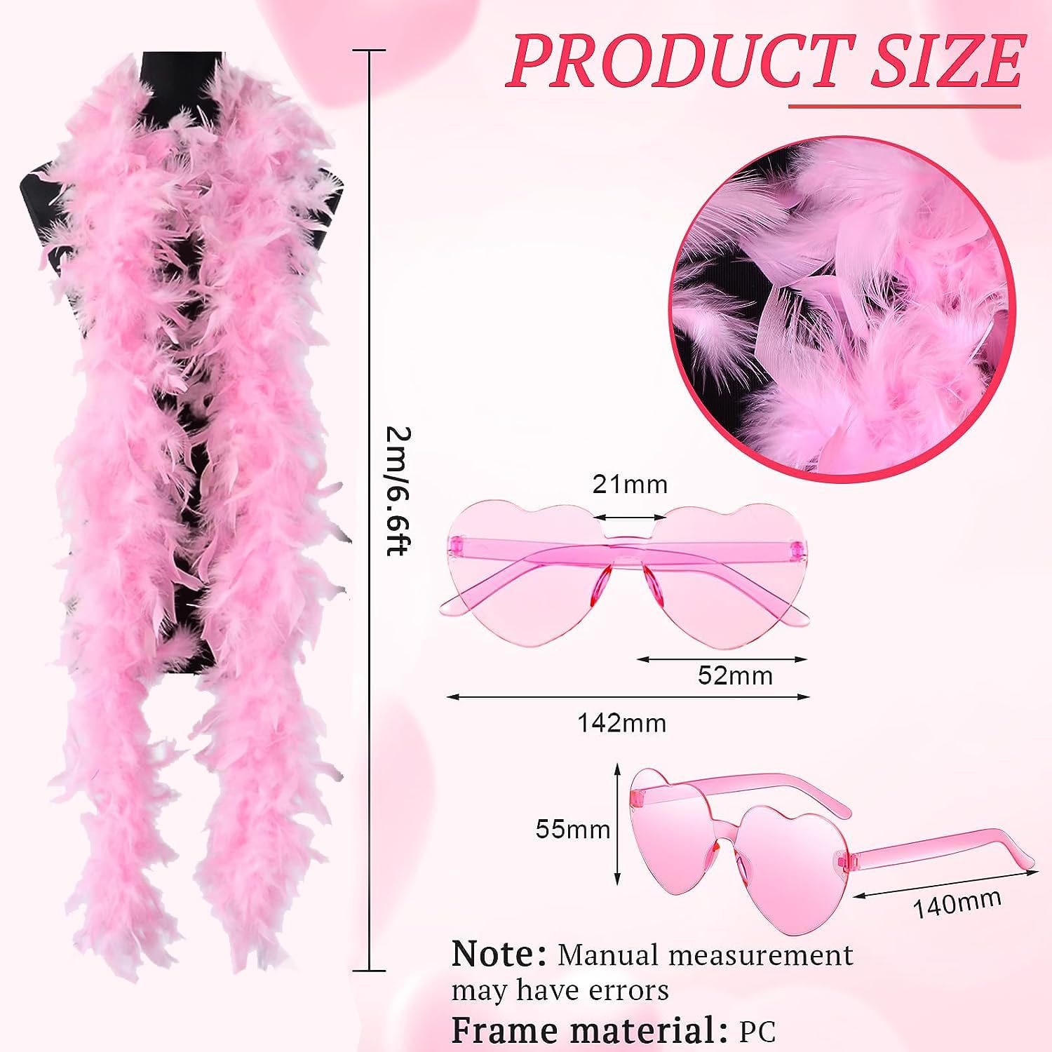 Lot de 8 boas à plumes colorées avec 8 lunettes de soleil en forme de cœur sans monture - 2 m - Pour femme - Pour danse, mariage, fête d'Halloween, Lot de 8, 6.6ft/2m