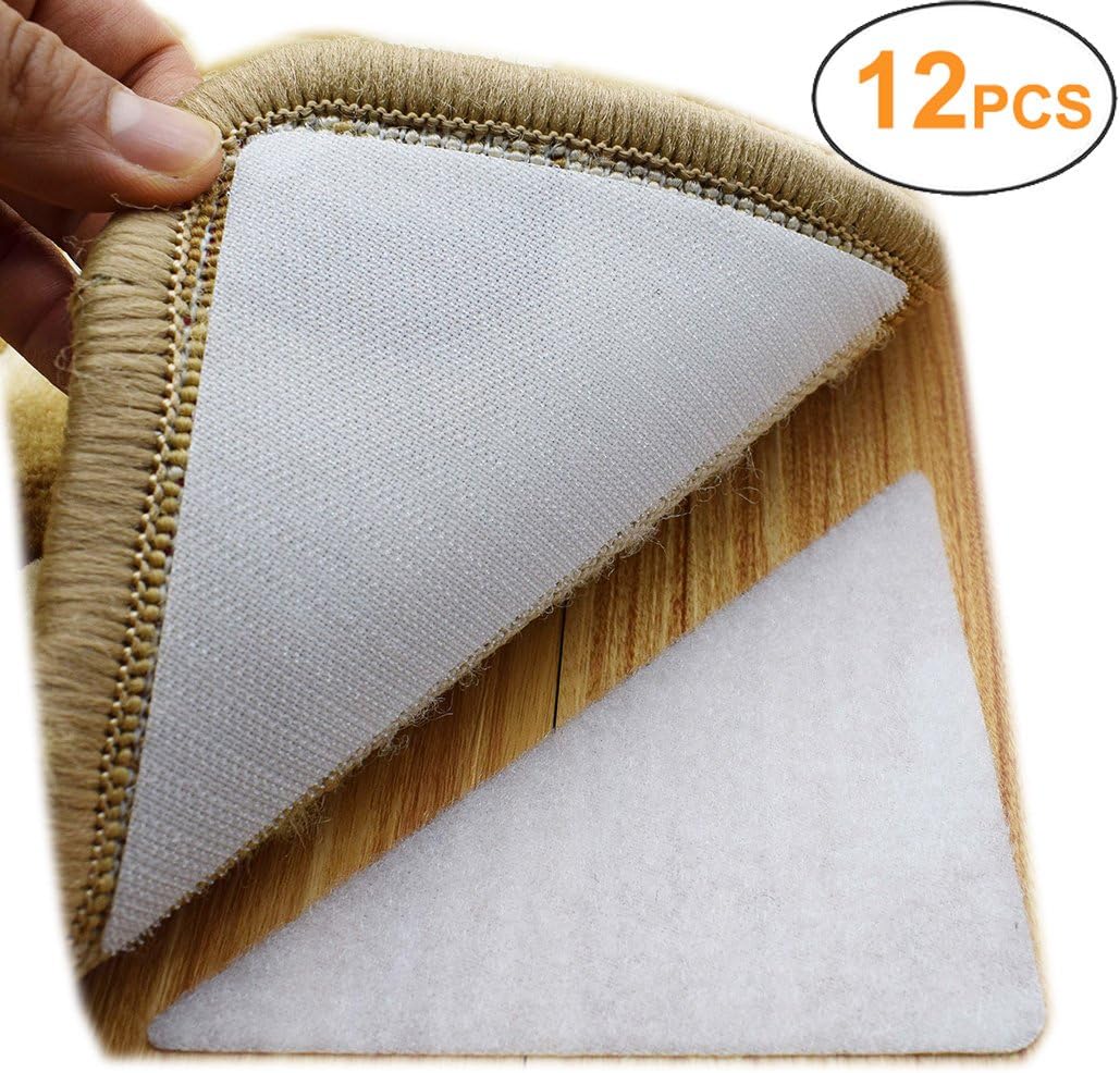 Yorwe Rug Anchors, Double Sided Adhesive Hook and Loop Buckle Nylon Button Staircase Floor Carpet Non-Slip Mat Anti-Skid Stickers Triangle (12PCS, White)