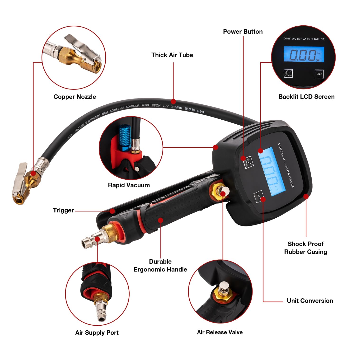ORAZIO 4 en 1 Manómetro Presión Neumáticos Digital con Pantalla LCD, 230 PSI Pistola de Bomba Inflador de Neumáticos para Vehículos Pesados, Automóviles, Motocicletas y Bicicletas