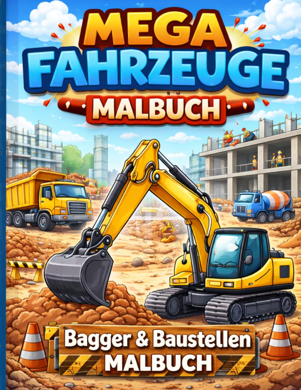 Bagger & Baustellen Malbuch: 24 starke Baustellenfahrzeuge zum Ausmalen für Kinder | Bagger, Kräne, LKW und Baumaschinen (Mega Fahrzeuge Malbuch)