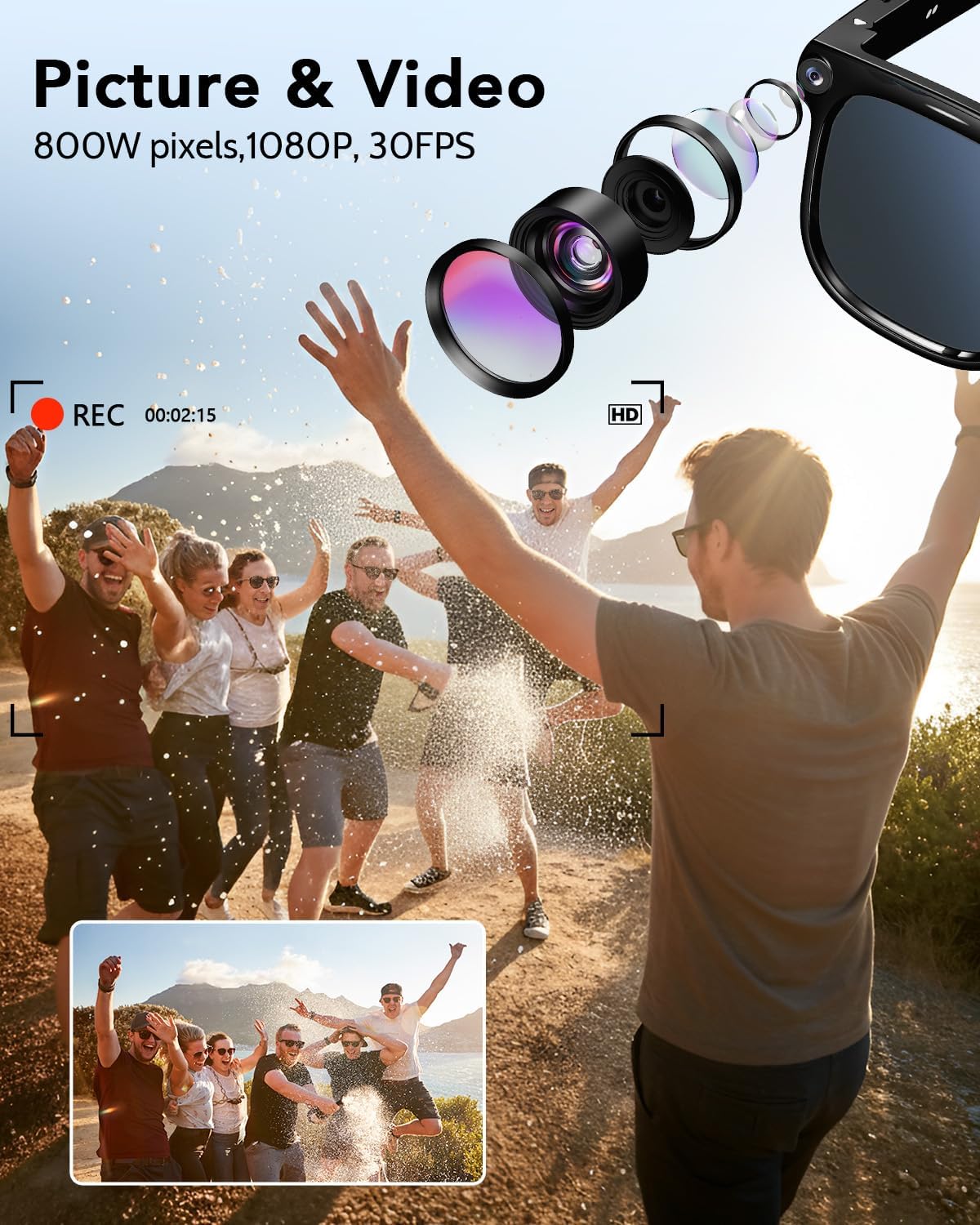 CJkao Smart Glasses with Camera, Bluetooth Music & Call, 800W HD Camera Glasses, 1080P Video Recording, Built-in ChatGPT Voice Assistant Control for Men Women (Black)