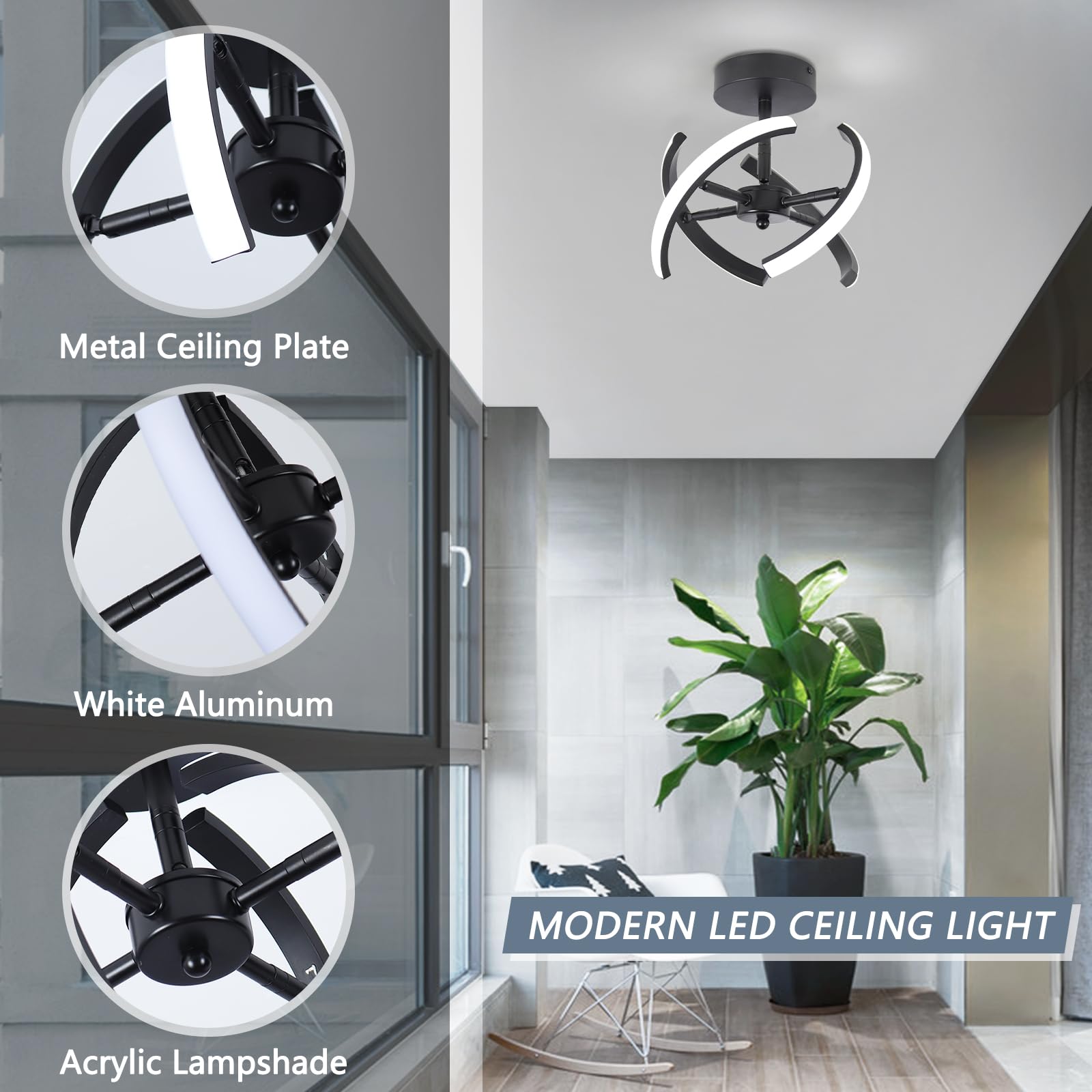 ADISUN LED Modern Ceiling Light Fixture, 24W Small Black Flush Mount Hallway Ceiling Light, Close to Ceiling Lamp for Living Room Bedroom Kitchen Balcony (Cool White, 6000K)