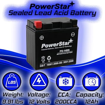 Powerstar Motorcycle Replacement Battery for 14BS, 14-BS, YTX14BS