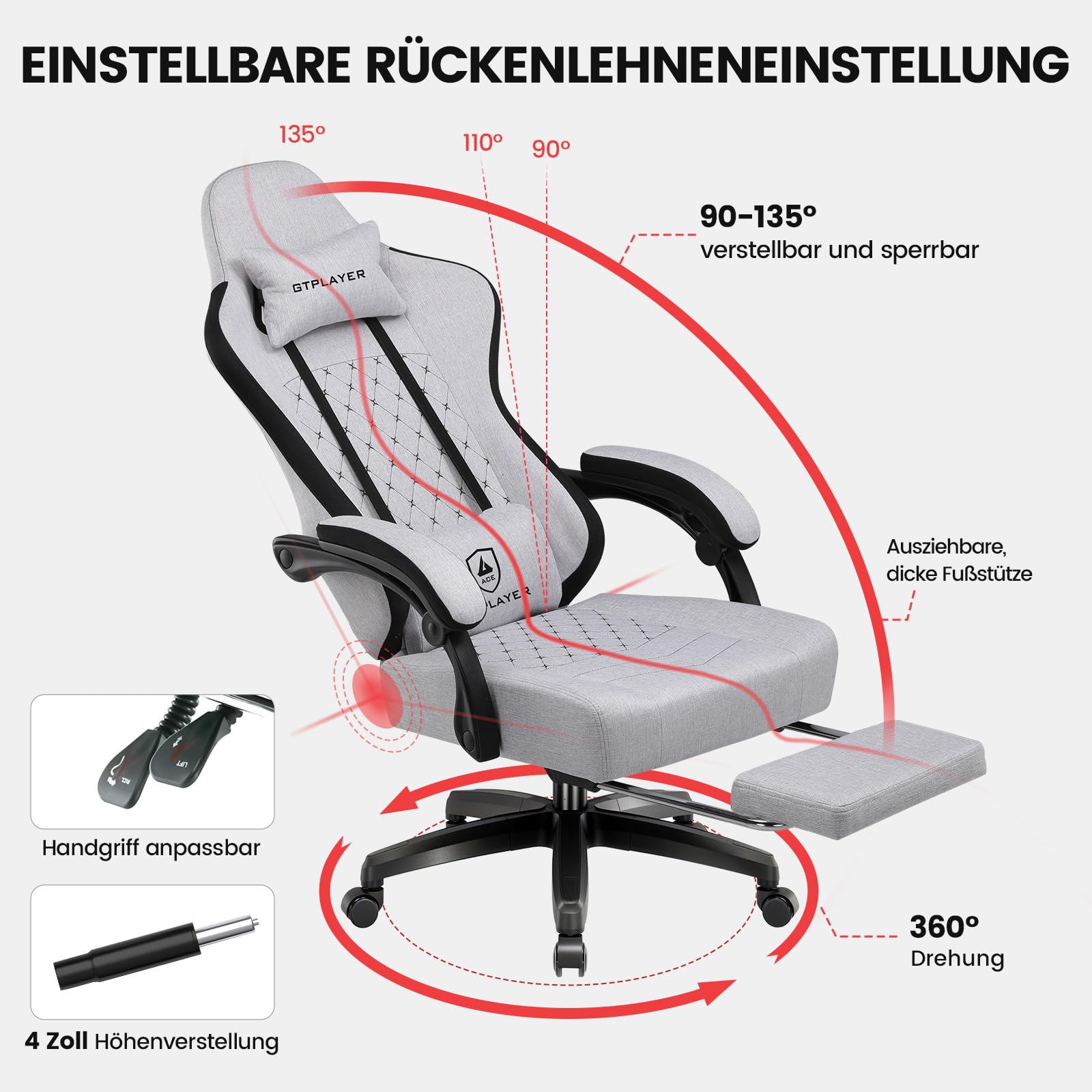 GTPLAYER Gaming Stuhl Stoff, Gaming Sessel mit Taschenfederkissen, ergonomischer Drehstuhl, Gamer Stuhl mit Fußstütze,150 kg Belastbarkeit, hellgrau