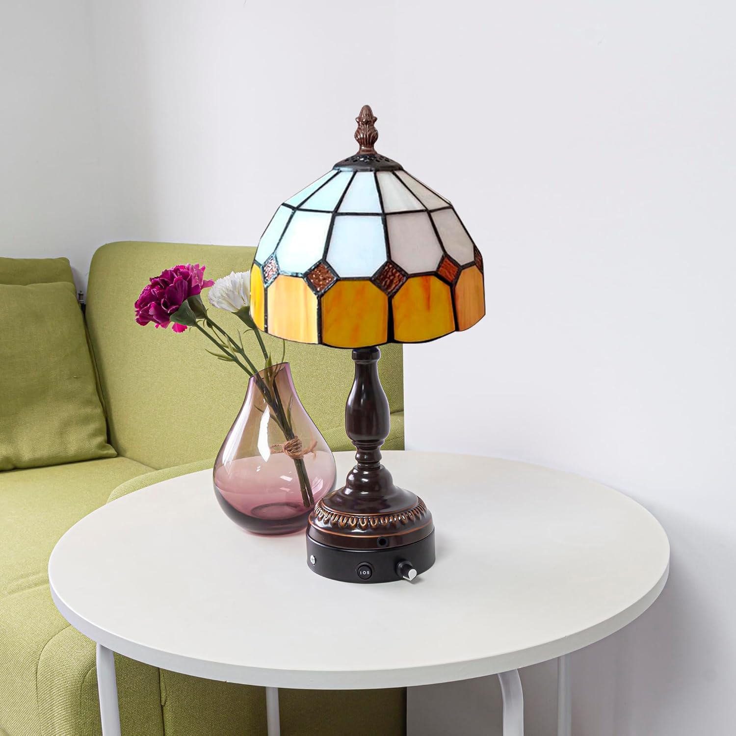 Kiven Cordless Table Lamp, Dimmable Bedside Lamps for Nightstand with Yellow Glass Lampshade, Tiffany-Style Rechargeable Desk Lamp for Reading Home Decor Bedside,1-Light