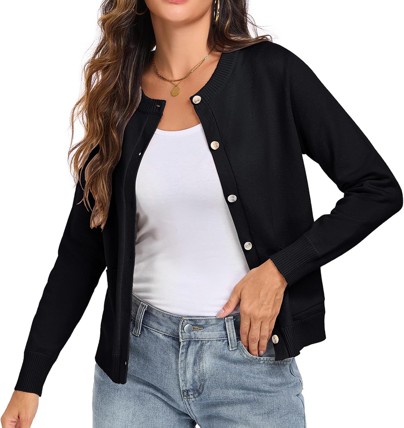 Oymyakon Women Button Down Cardigan Sweaters Long Sleeve Crew Neck Knit Sweater Lightweight Open Front Top Outwear Coat - Image 4