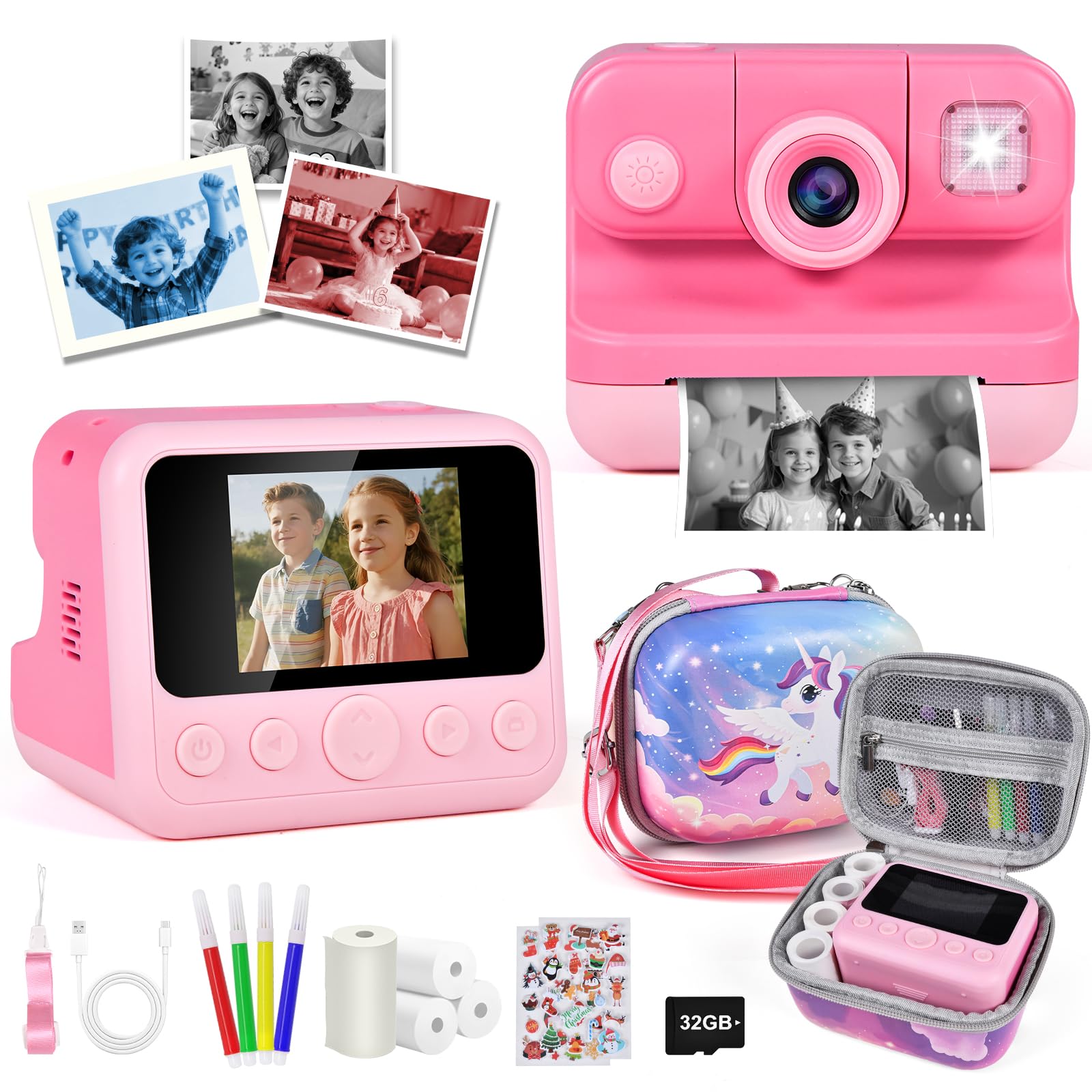 Kids Instant Print Camera with Carrying Bag, 1080P HD Girl Camera with 4 Print Paper Rolls, Color Pens &amp; 32GB Card, Christmas Birthday Gifts Kids Girl Toys for 3-12 Years Old (Pink)