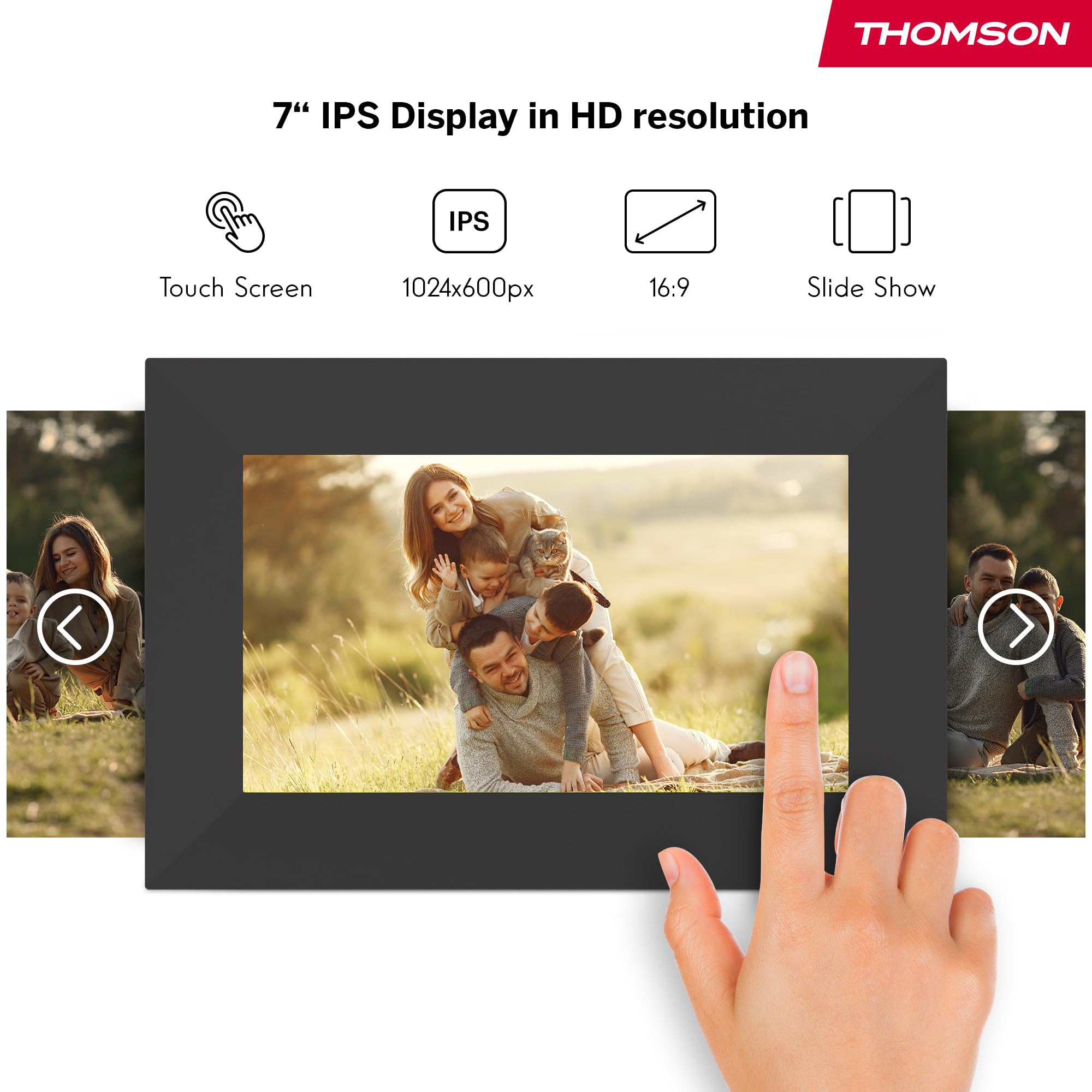 Thomson Digitaler Bilderrahmen 7 Zoll, IPS-Bildschirm, HD-Touchscreen, WLAN, Direktes Teilen über iOS/Android App, Smart-Funktionen, Elektronischer Fotorahmen mit 32 GB Speicher, Automatische Drehung