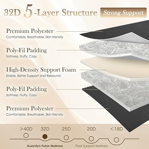 Miniatura 3 de Auemtyn Colchón japonés de suelo, colchón de futón japonés de 4 pulgadas, futón plegable y portátil Shiki (shikibuton), colchón grueso enrollable