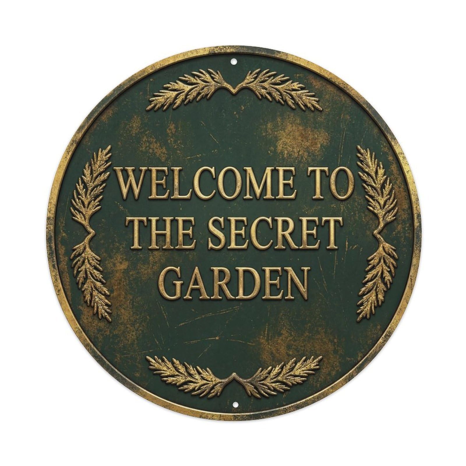 Vintage Welcome Secret Garden Gold Cypress Embossed Metal Tin Sign