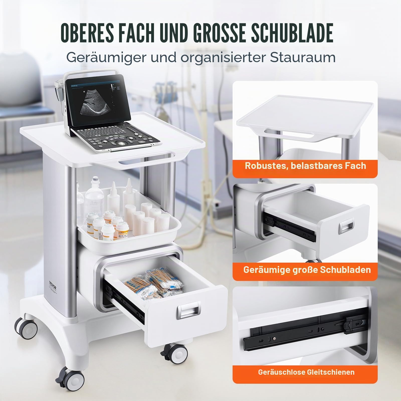VEVOR Laborwagen Medizinwagen mit 1 Schublade und oberer Ablage, Rollbarer Laborwagen ABS Material, 50 kg belastbarer Servierwagen Medizinischer Wagen für Labor, Klinik, Krankenhaus, Salon, weiß