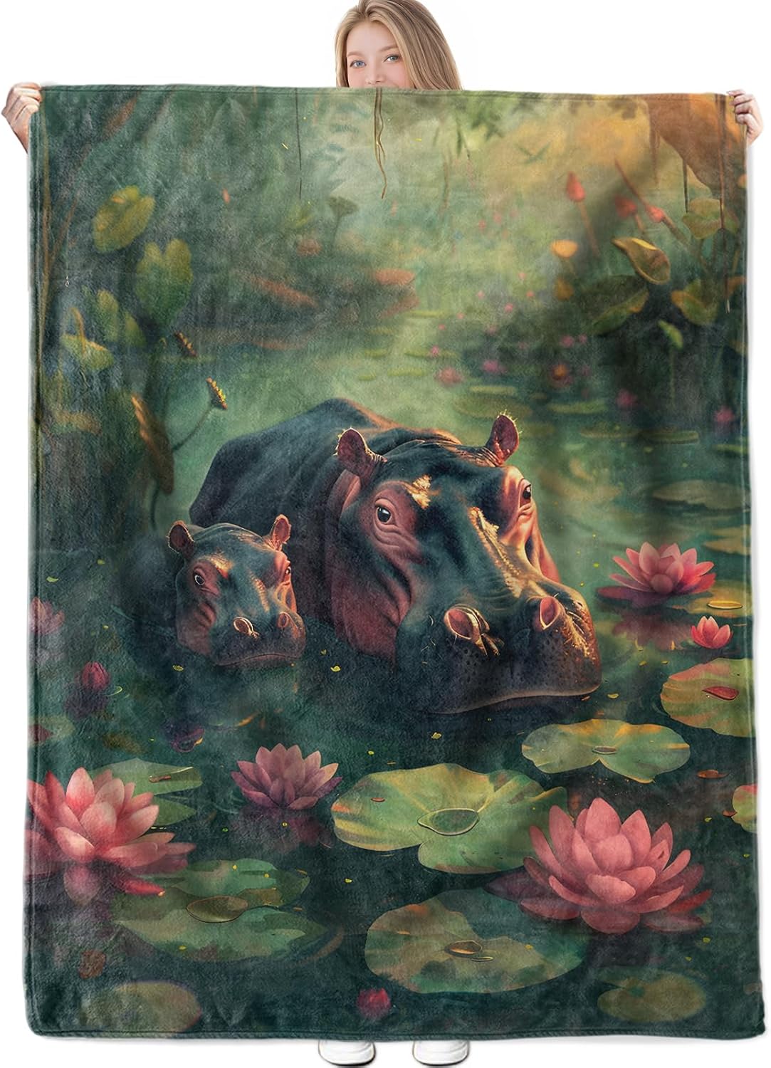 Hippo Throw Blanket Gifts for Women Girls Kids Adults, 50x60 in, Flannel Blankets for Bedroom, Camping, Couch, Room Decor, Fuzzy Warm Cozy Soft