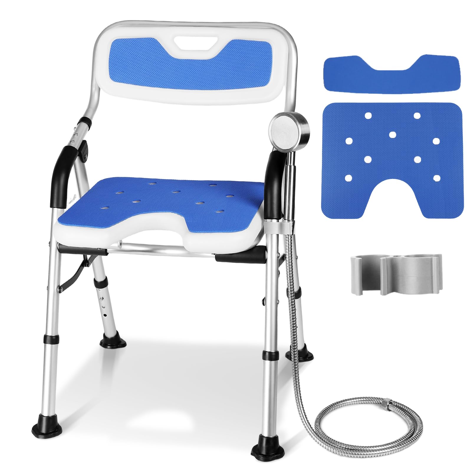DEWEL Silla Ducha Personas Mayores Plegable, Silla para Ducha(Azul) | Altura Regulable, Asiento de Ducha Antideslizante con Soporte para Ducha de Ducha, Capacidad de Carga de 150 Kg