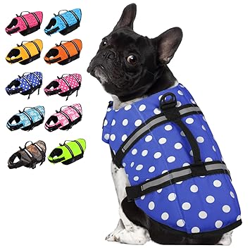 SUNFURA Ripstop Dog Life Jacket, Safety Pet Flotation Life Vest with Reflective Stripes and Rescue Handle, Adjustable Puppy Lifesaver Swimsuit Preserver for Small Medium Large Dogs (BlueDot, S)