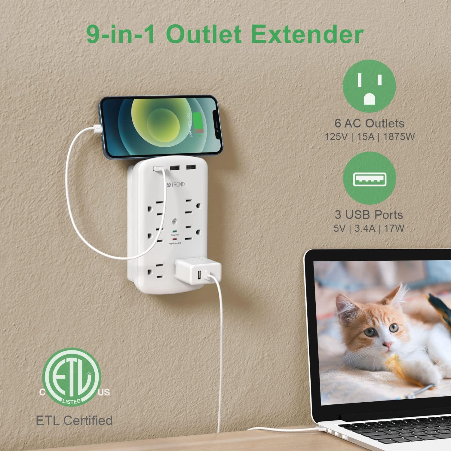 Multi Plug Outlet Extender with USB - TROND 1280J Surge Protector Outlet, 6 Widely Spaced Outlets, Outlet Splitter with Phone Holder Design, Wall Plug Extender for Home, Office, Travel and Dorm