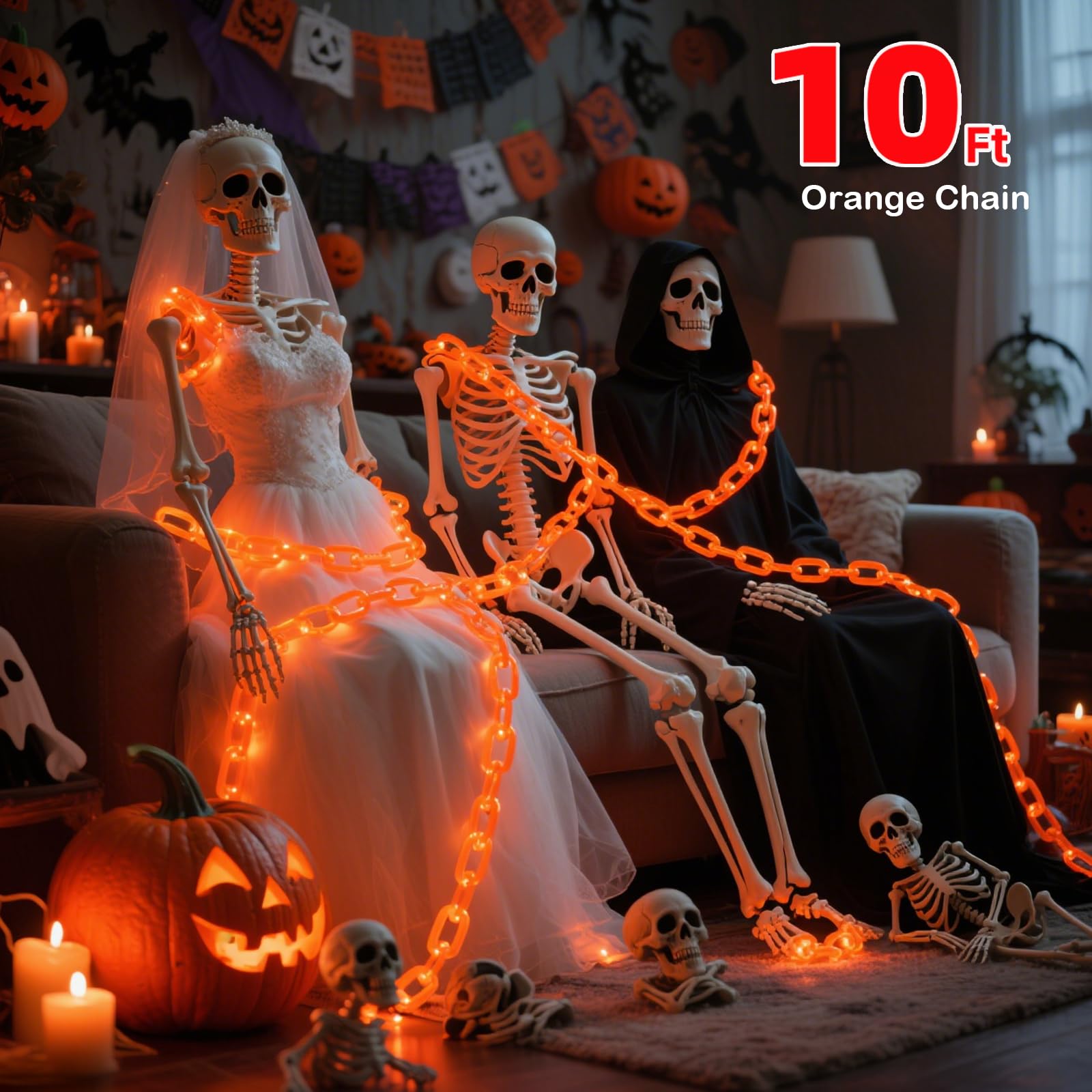 Luci di Halloween a batteria, timer 102 LED arancione prigione catena luci, 8 modalità impermeabili decorazioni di Halloween all'aperto interni casa infestata, zucca, portico, cortile, decorazione per