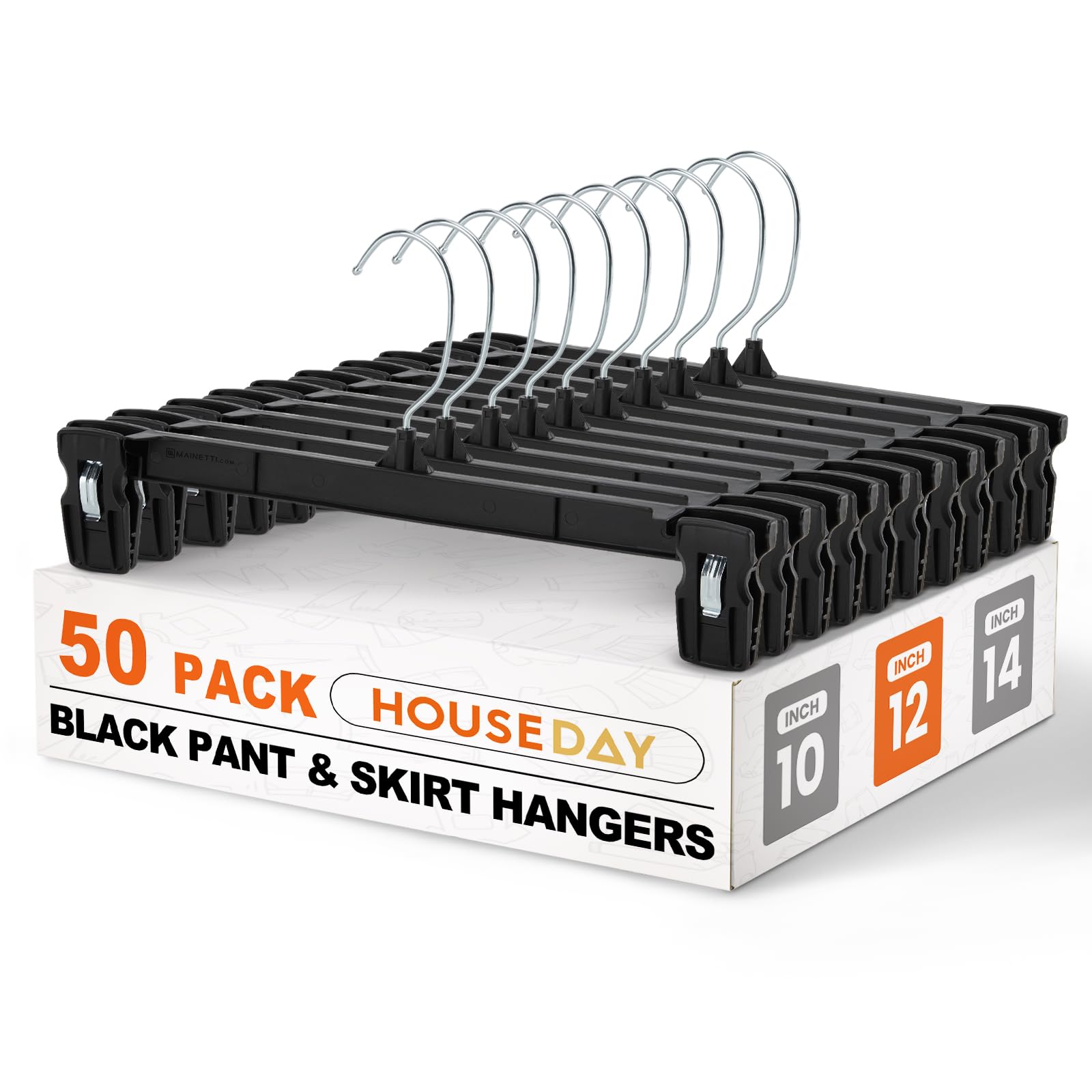 HOUSE DAY Black Pants Hangers 50 Pack, 12 Inch Skirt Hangers with Non-Slip Big Clips and 360° Swivel Hook, Heavy Duty Slim Plastic Pant Hanger, Space Saving Clip Hanger for Pants, Skirts, Shorts