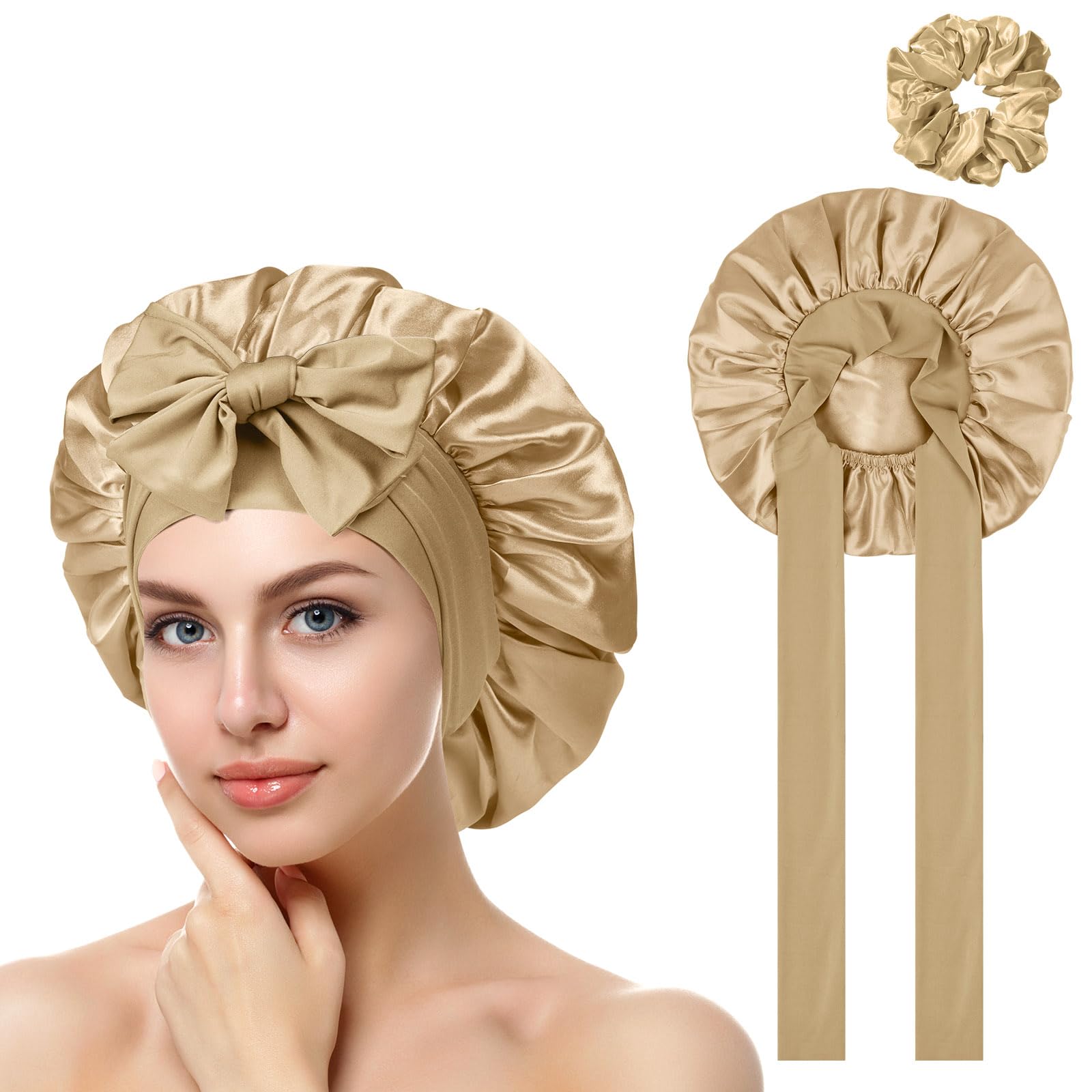 ACWOO Seidenhaube zum Schlafen, Schlafhaube Seide Verstellbare Satin Haarhaube, Atmungsaktive Haarhaube mit Scrunchies, für die Nacht Weiche Silk Bonnet Schlafmütze für Damen und Mädchen