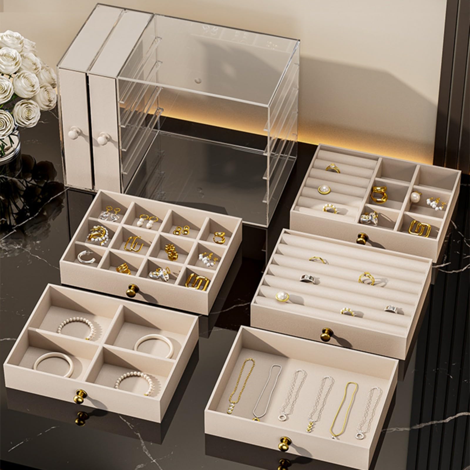 Custodia per gioielli in acrilico impermeabile antipolvere con coperchio sicuro sigillato organizer antipolvere per vari accessori Custodia per gioielli in acrilico
