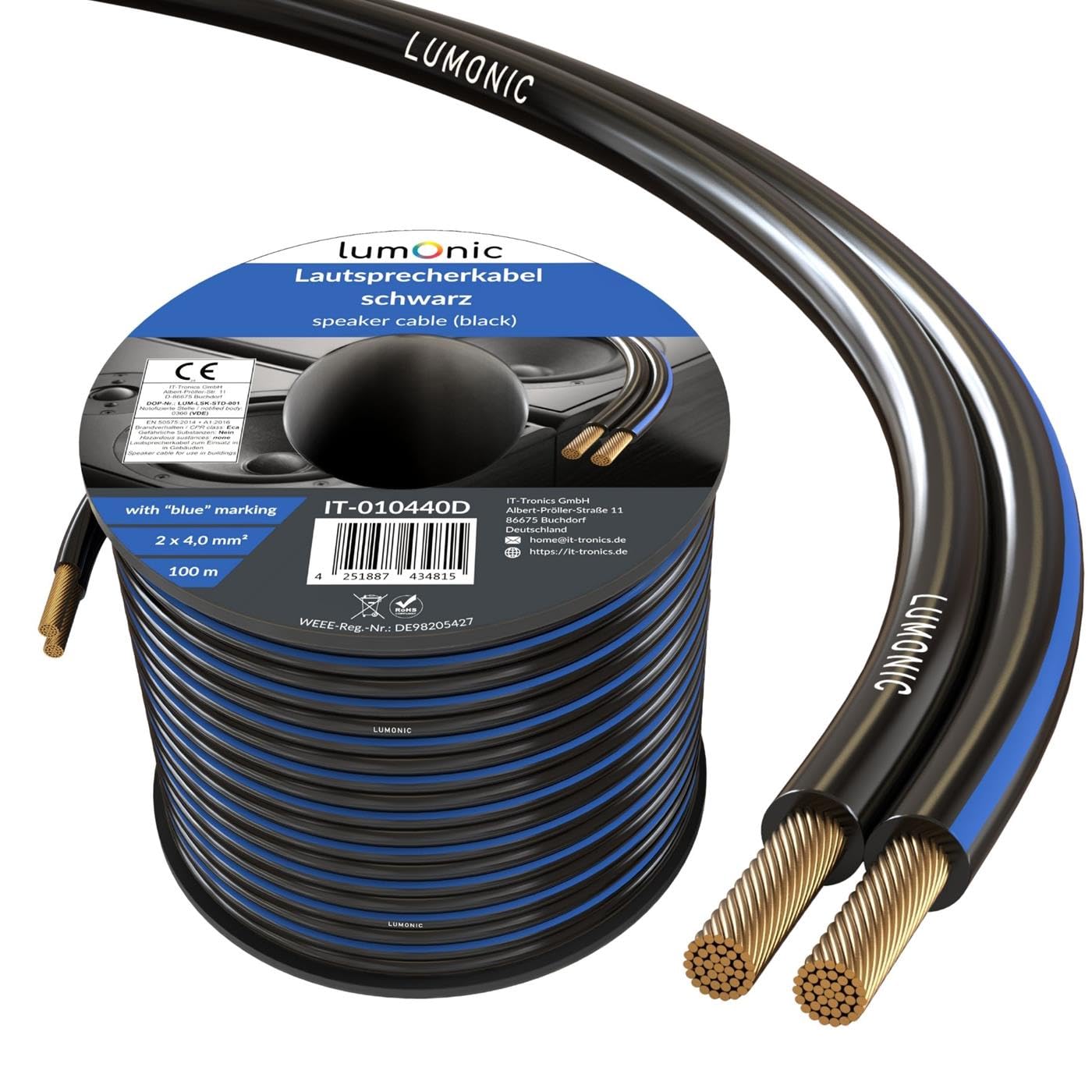 Lumonic Cables de altavoz | 100m Negro | 2x 4mm² CCA | Marcado azul Cable de altavoz HiFi | Línea doble de audio