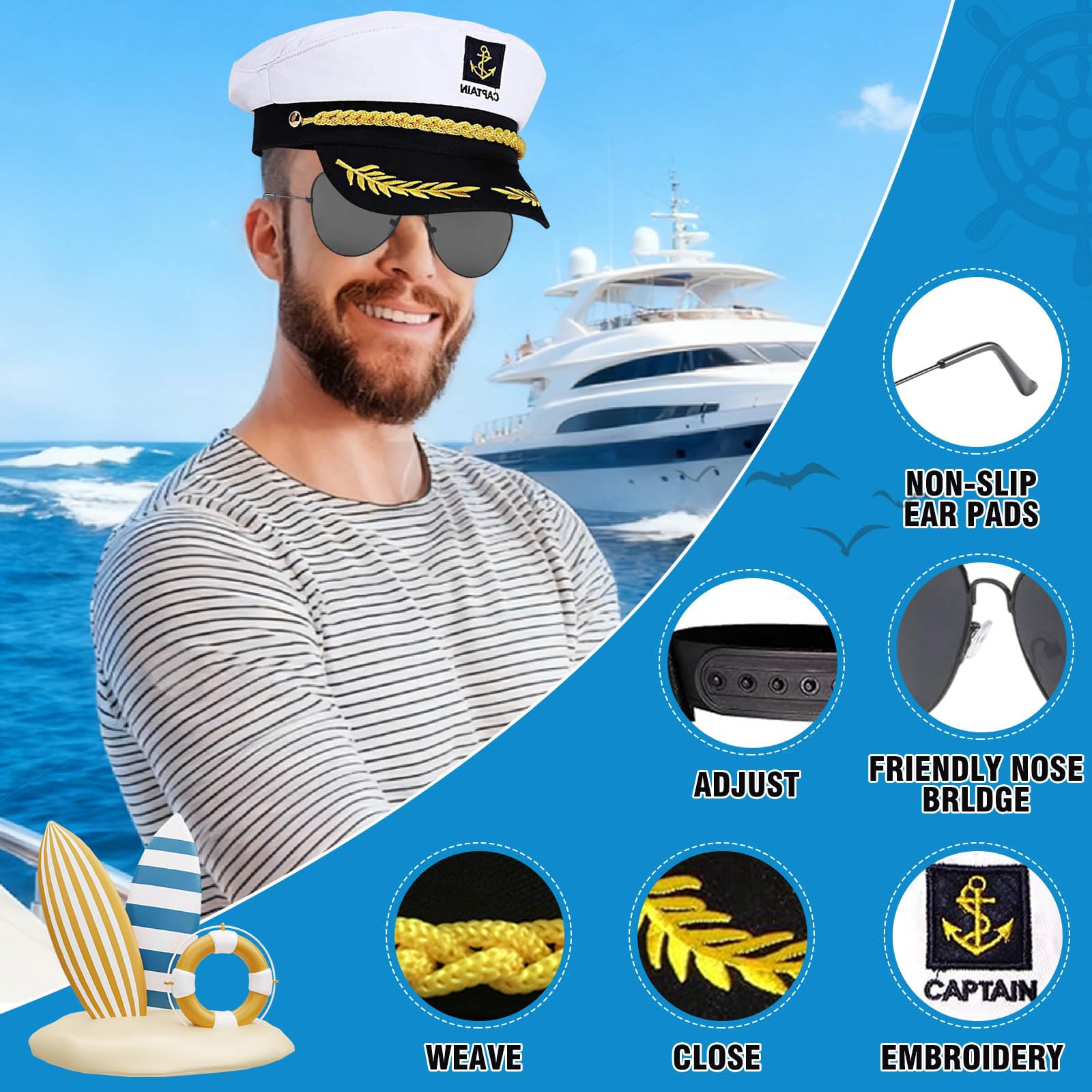 Bagtopia Sailor Hat, Captains hat, Navy Sailor Costume Set for Men Women,Boat Yacht Accessories Halloween Cosplay Fancy Dress - Image 3