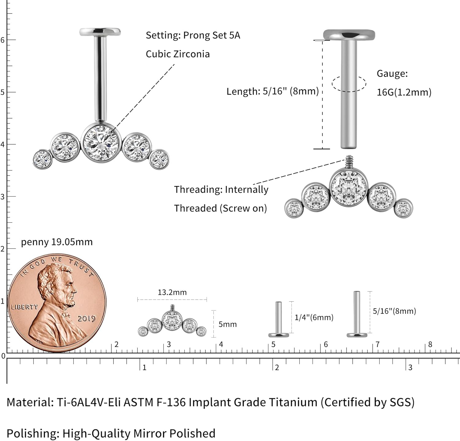 FINE4U 1PC ASTM F136 Titanium Piercing Jewelry Titanium 16G 6mm 8mm, Different design picrcing for Conch, Flat, Heilx, Vertial Helix - Image 2