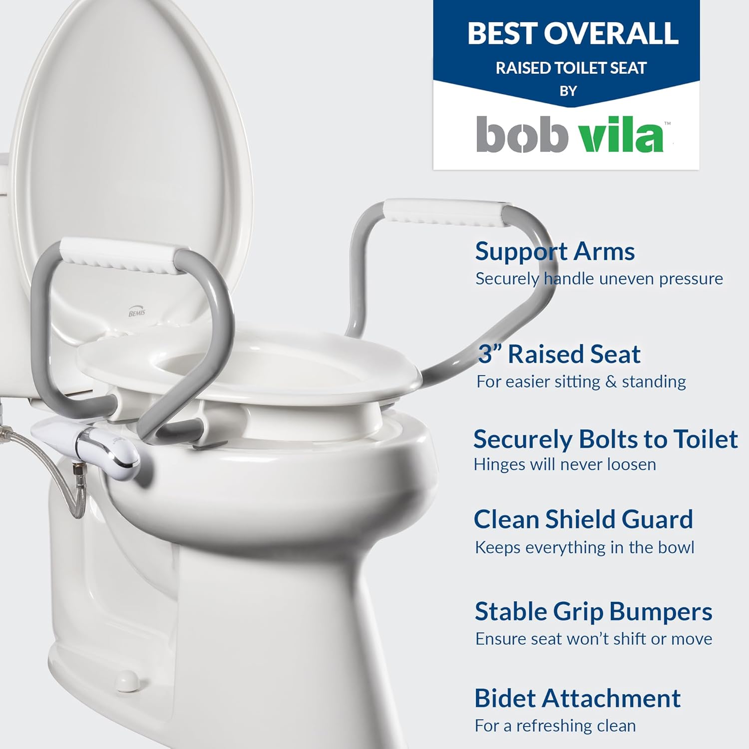 White Raised Toilet Seat with Handles and Bidet Attachment