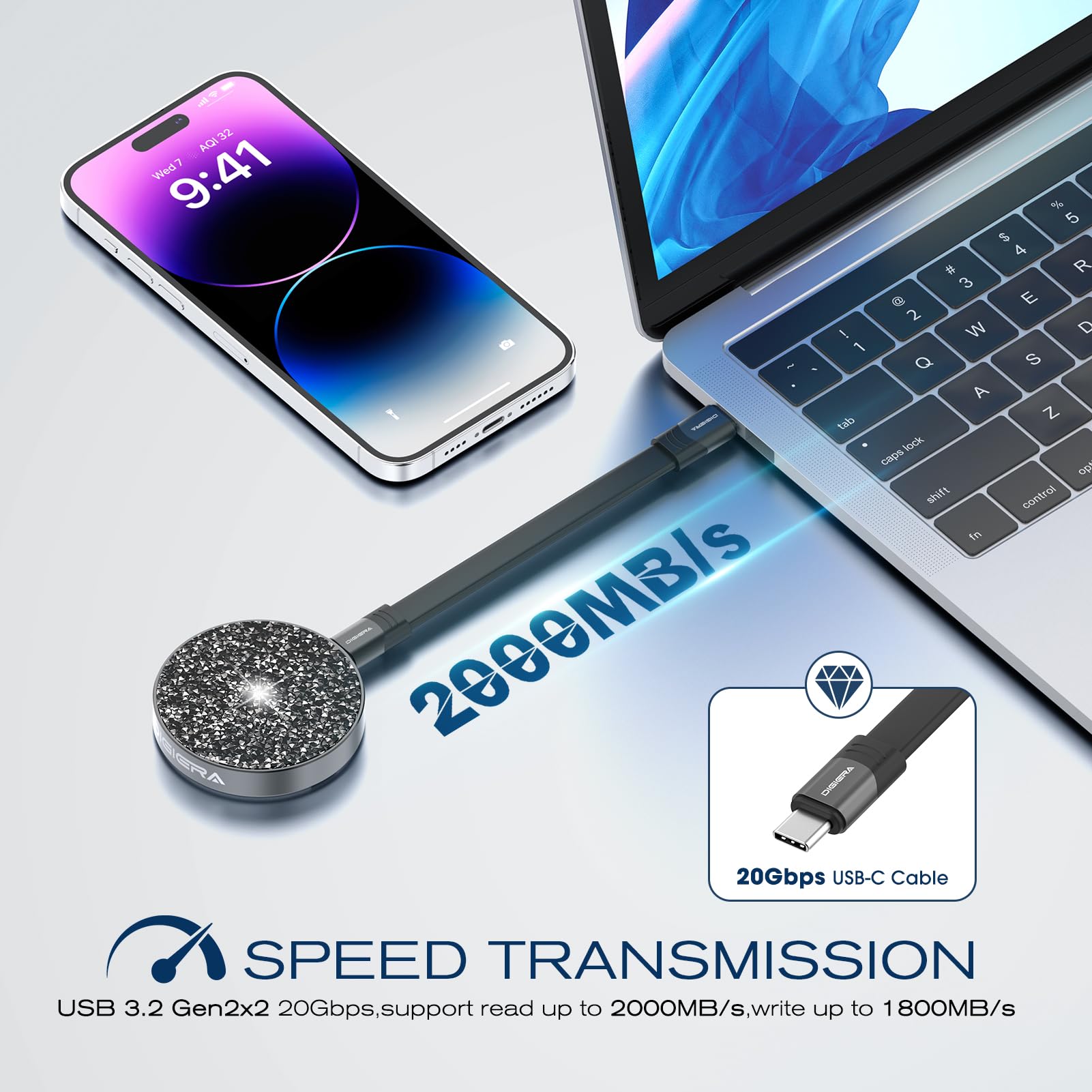 Magnetyczny przenośny dysk SSD, 1 TB, zewnętrzny dysk twardy z USB-C 3,2 Gen 2 x 2, prędkość do 2000 MB/S, kompatybilny z iPhone 15/16, PC/laptopem i innymi urządzeniami USB-C, kolor czarny diamentowy