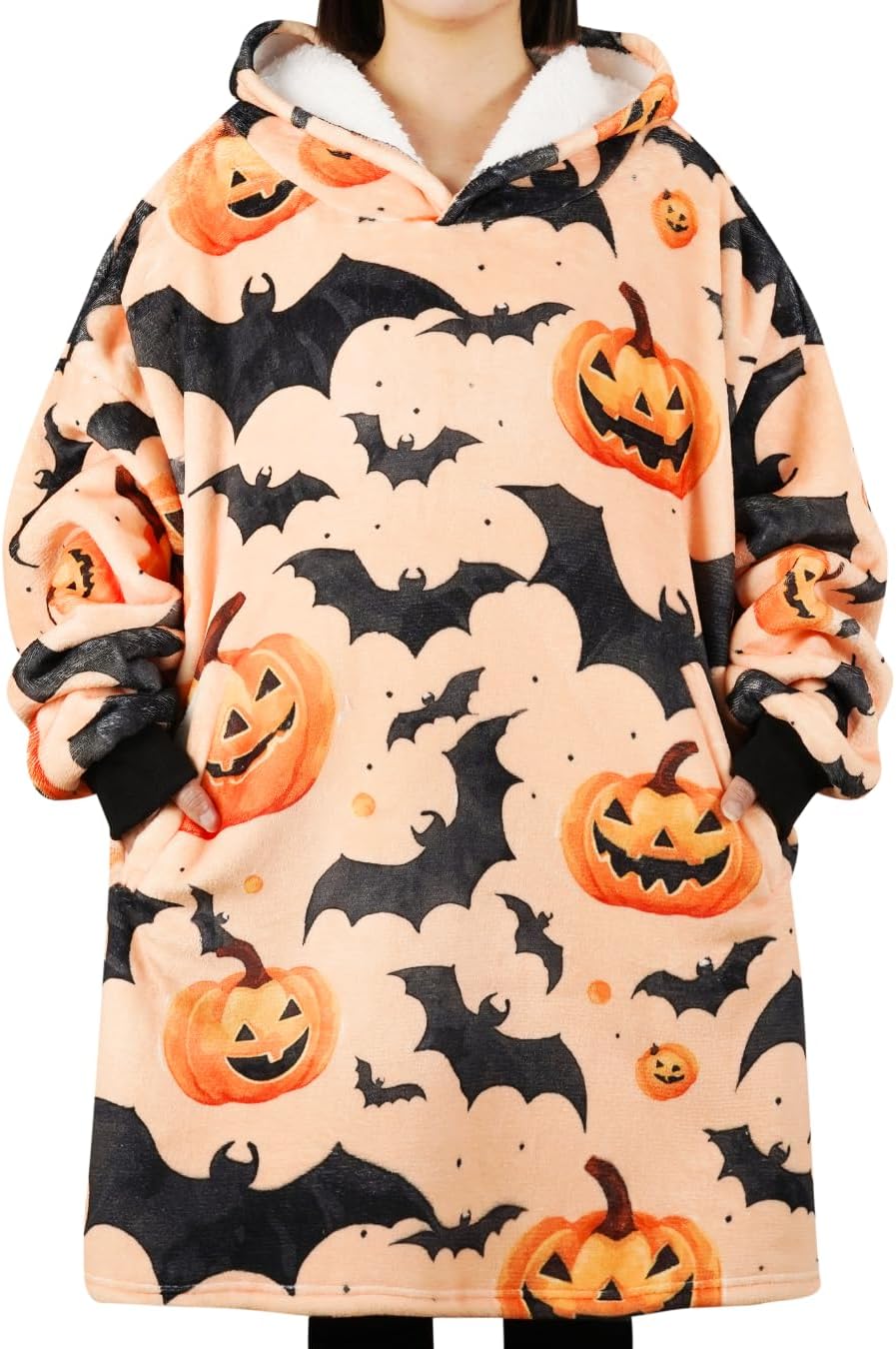 Halloween Gifts for Women Adults, Halloween Queen, Wearable Flannel Blanket Hoodie, Super Soft Warm Cozy with Two Large Pocket, One Size Fits Most - Pumpkin