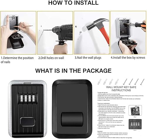 Miniatura 7 de BenRich Caja de seguridad con llave reiniciable, combinación de 4 dígitos, caja de bloqueo de llave para exteriores, caja de seguridad para