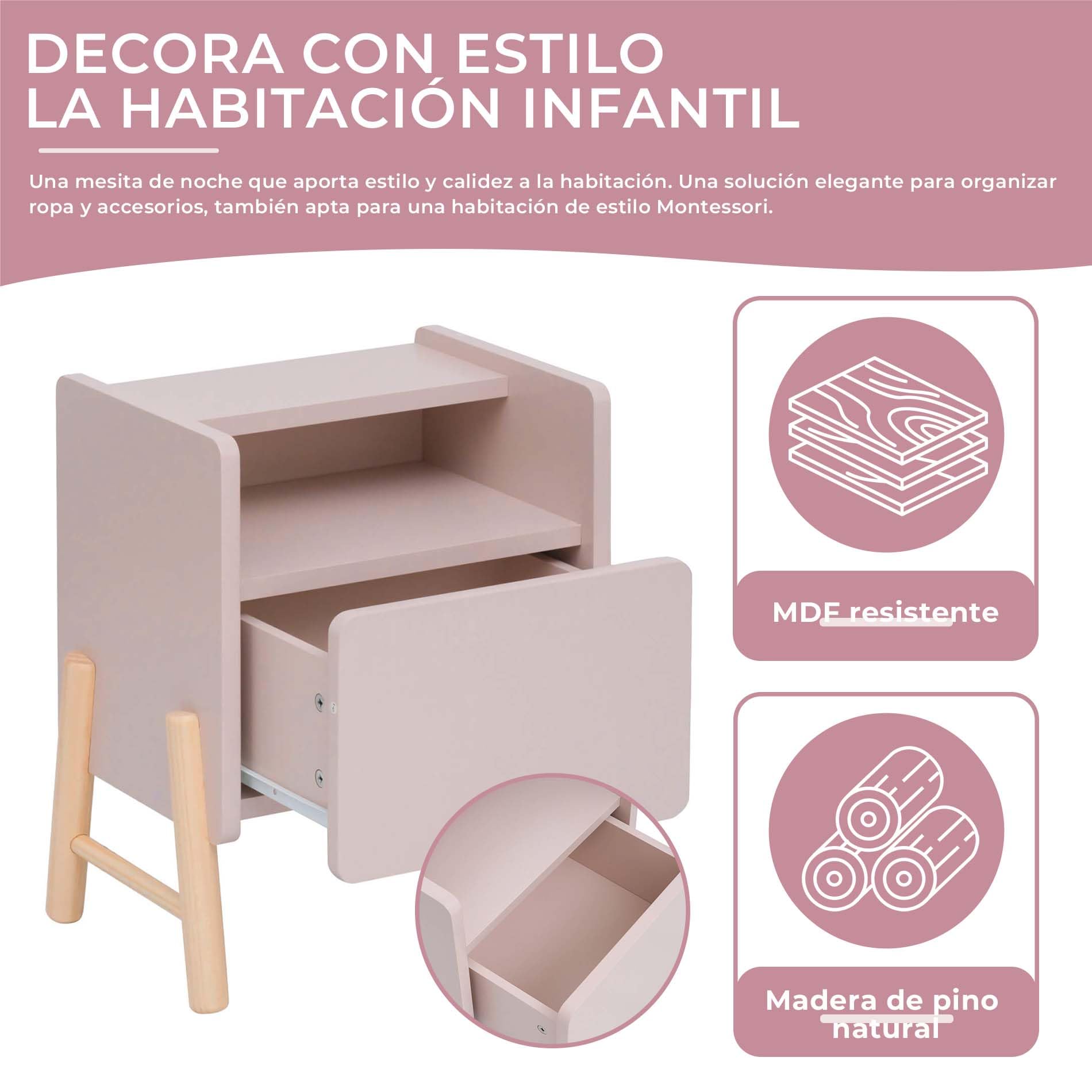 Rebecca Mobili Mesita de Noche para Habitación Infantil, Mesita de Noche Montessori, Rosa Marrón, MDF Pino, con Bordes Redondeados - Dimensiones AxAnxFon: 49 x 43 x 30 cm - Art. RE7129