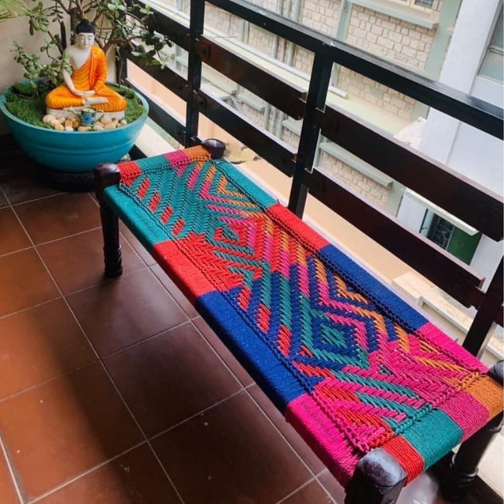 Solid Wooden Bench | Solid Sheesham Wood | Cotton Rope | Colorful Sitting Bench for Balcony - Home - Garden | Charpai | Colorful | Loft-image-13
