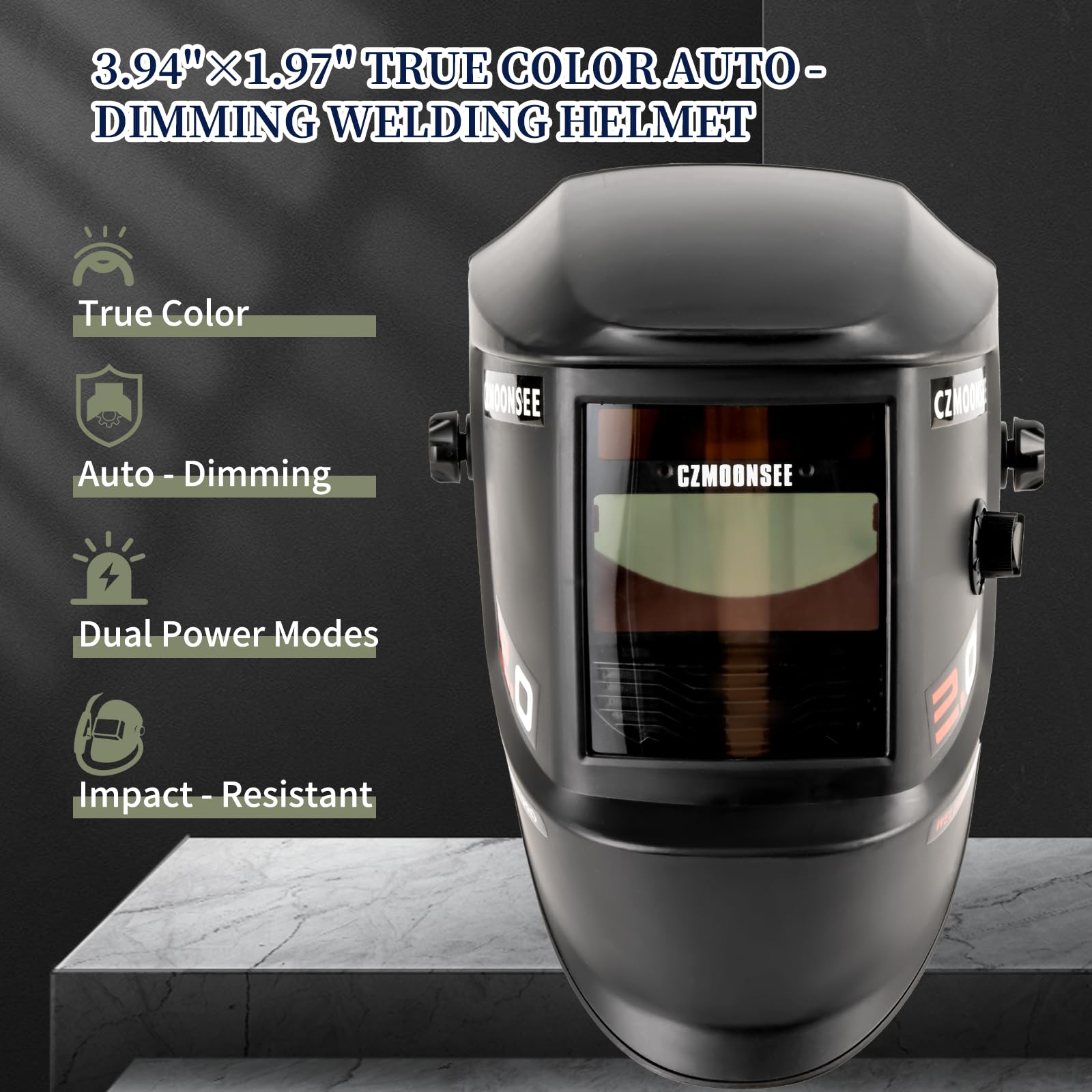 Casco de soldadura de oscurecimiento automático alimentado por energía solar de 3.94 x 1.97 pulgadas, claridad óptica, 2 sensores de arco, pantalla ancha 4/9-13 para campana de soldadura TIG