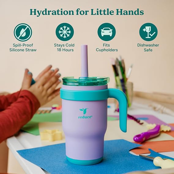 REDUCE 14 Oz Coldee Kids Tumbler with Lid and Straw - Coldee Insulated Travel Mug - Spill-Proof, Sweatproof Stainless Steel, BPA-Free - Includes Handle, Reusable Silicone Straw - Clover Green