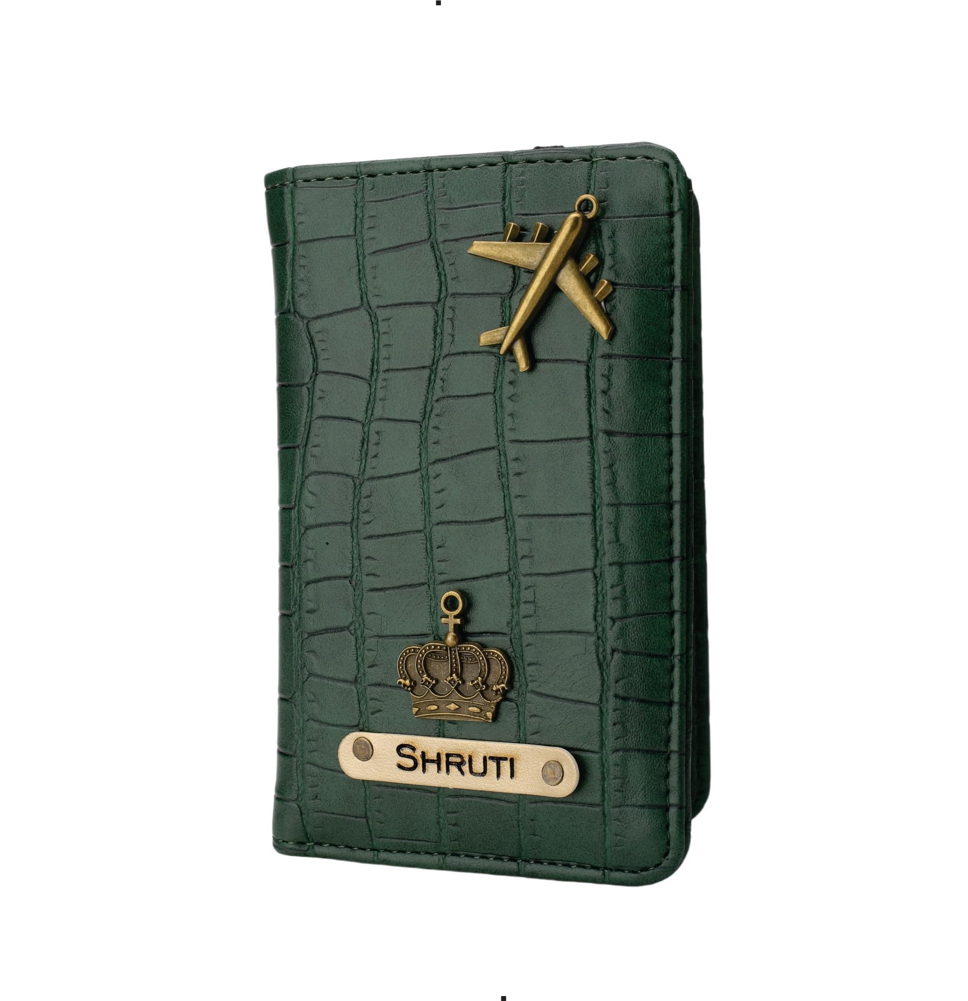 AICA Personalized Name & Charm Self �Textured Leather Passport Cover for Men & Women | Passport Cover for Women (DarkGreen)