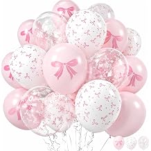 Pink Bow Balloons Kit,35pcs 12 Inch Pastel Pink & Clear White Bow Print Latex Balloons, Coquette Party Decorations for Girls, Birthday, Baby Shower, Bridal & Bachelorette Party