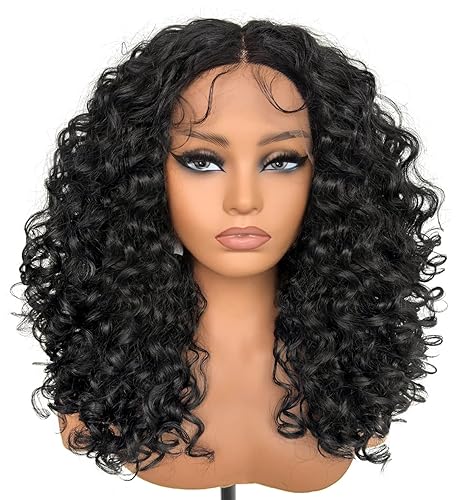 Miniatura 2 de Peluca de encaje frontal rizado HD de 16 pulgadas, mezcla de cabello humano negro natural, pelucas de encaje frontal corto rizado sintético para