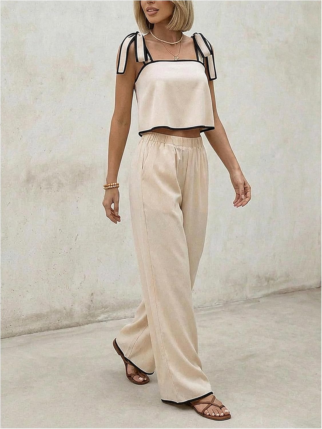 Women's 2 Piece Going Out Outfits Summer Tie Shoulder Crop Top and Pants Vacation Sets - Image 5
