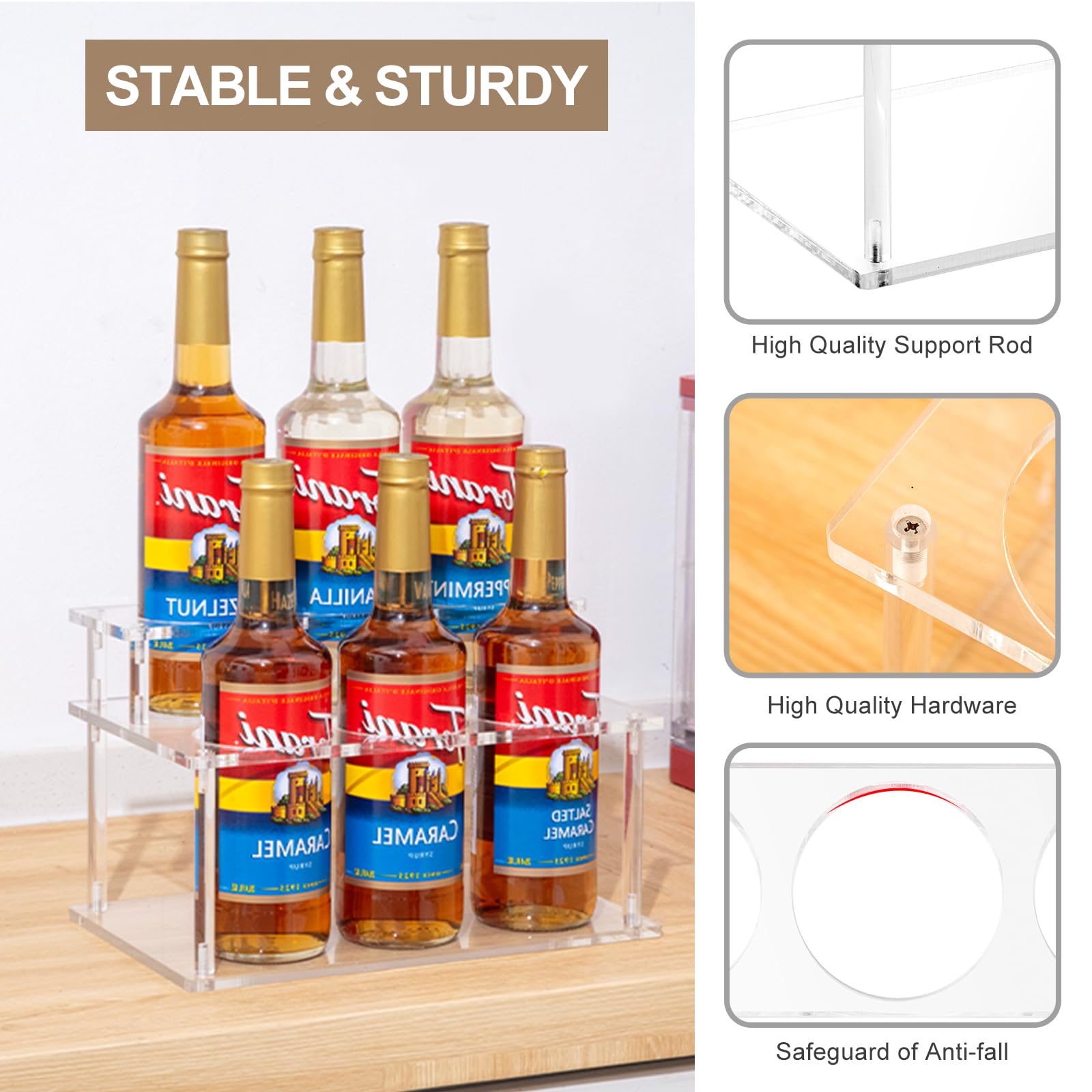 Organizador de jarabe de café acrílico, estante de 2 niveles para jarabe de café (capacidad de 6 botellas), soporte para botellas de jarabe para barra de café, jarabes de encimera de cocina 4